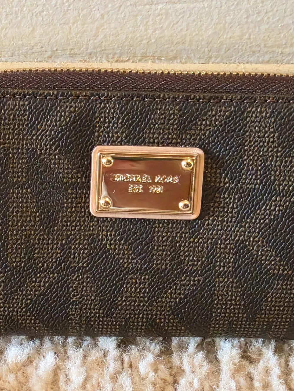 MICHAEL KORS Dark Brown Logo Zip Wristlet with Gold Interior